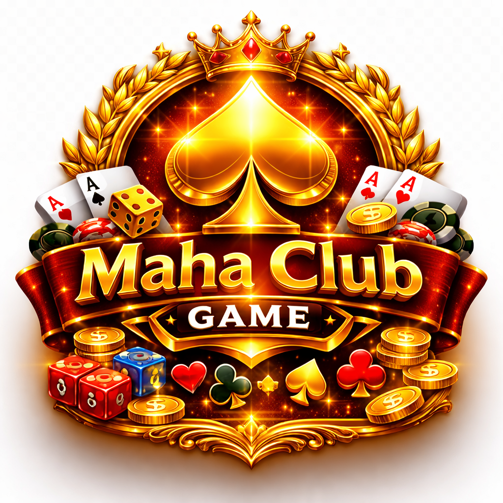 Luxury Maha Club Game logo with golden spade symbol, crown, poker cards, dice, and coins in a casino-style design